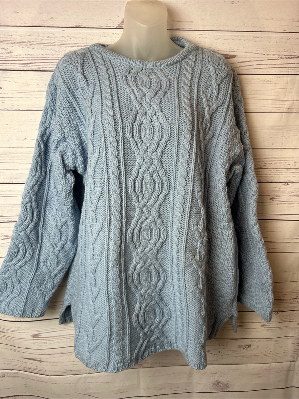 Aran Crafts Ireland Cable Knit Sweater Large Blue Merino Wool Crew Neck Tunic